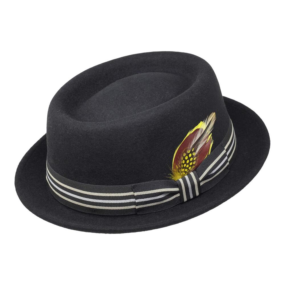 2051 Premium Defoe Porkpie Hat with Removable Feather 100% Wool Felt